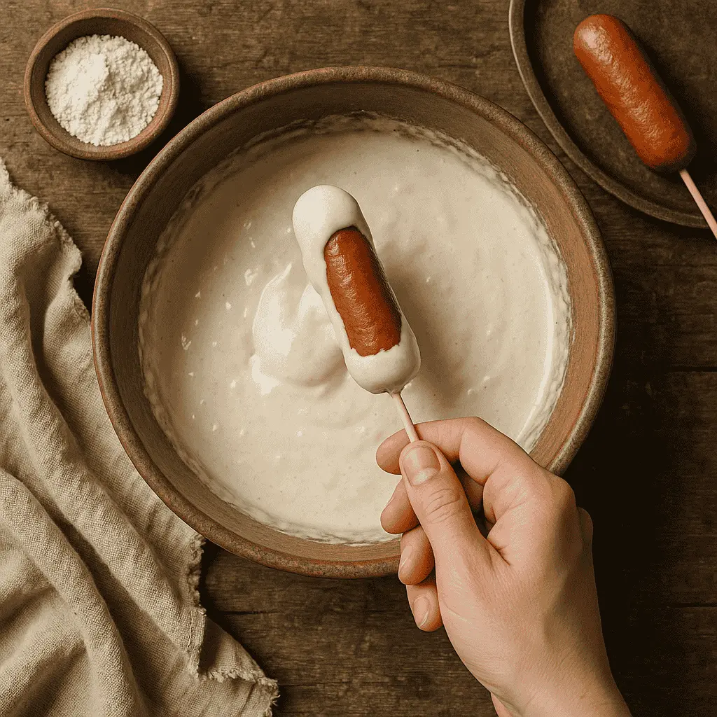 Sausage with Pancake on a Stick: Easy Homemade Breakfast Treat 10 dipping sausage into pancake batter