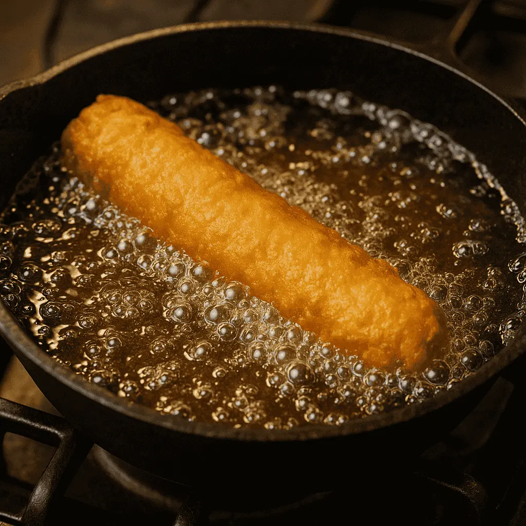 Sausage with Pancake on a Stick: Easy Homemade Breakfast Treat 9 frying sausage with pancake on a stick