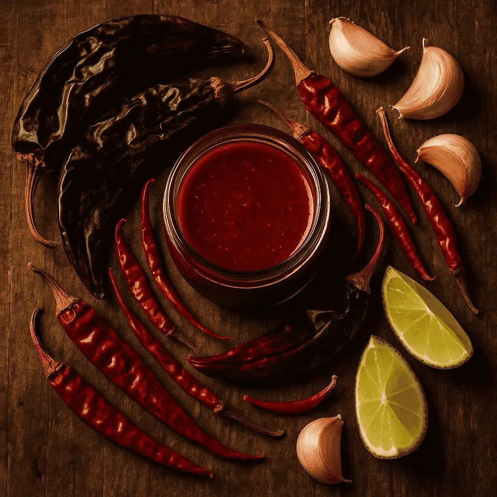 Homemade Mexican hot sauce with guajillo and árbol chiles