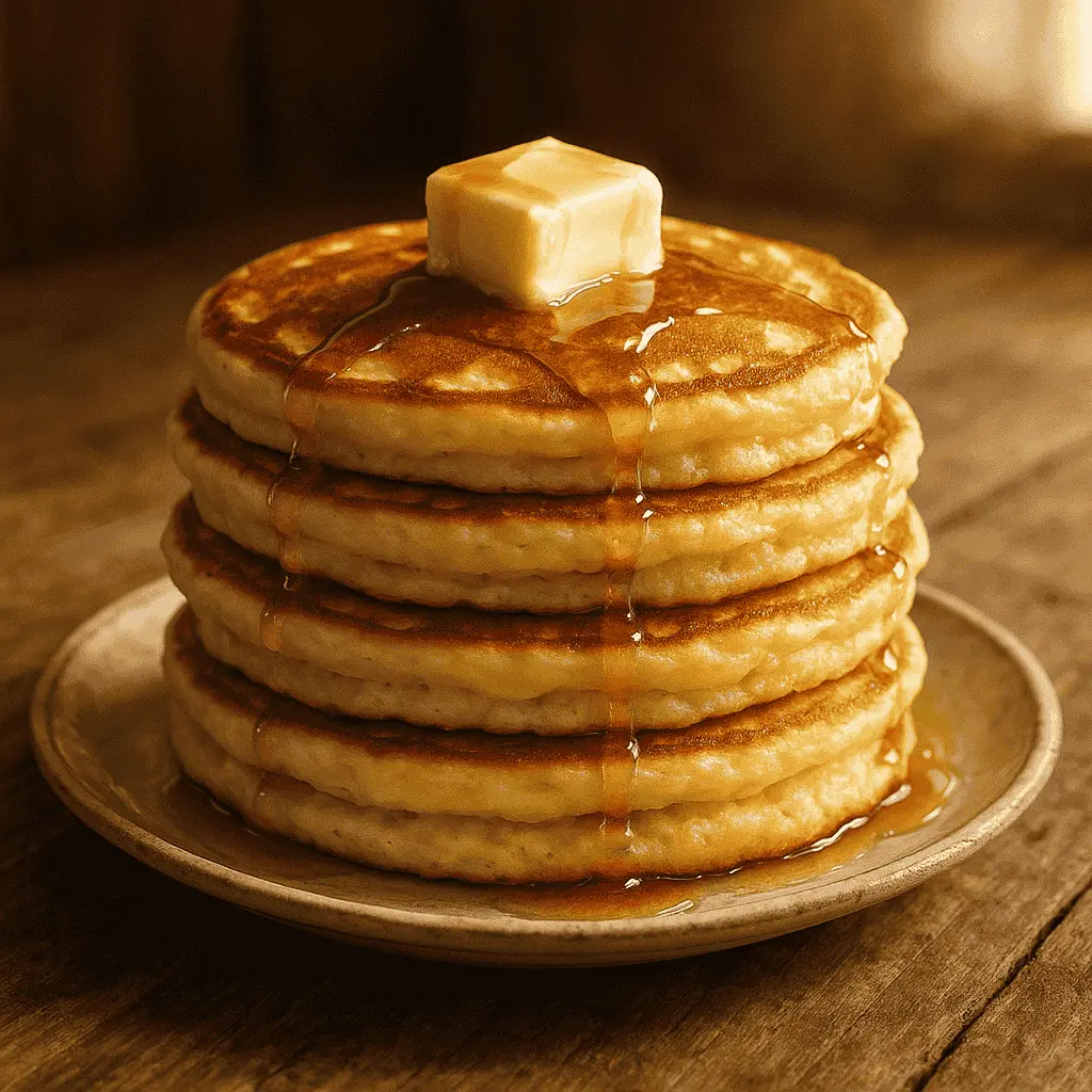 Old fashioned pancake recipe stack with syrup