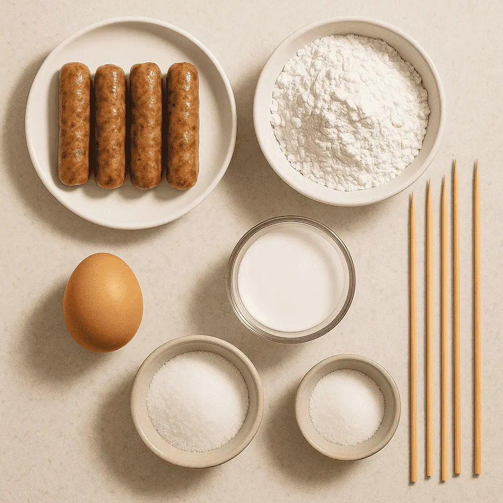 Sausage with Pancake on a Stick: Easy Homemade Breakfast Treat 8 sausage with pancake on a stick ingredients flat lay