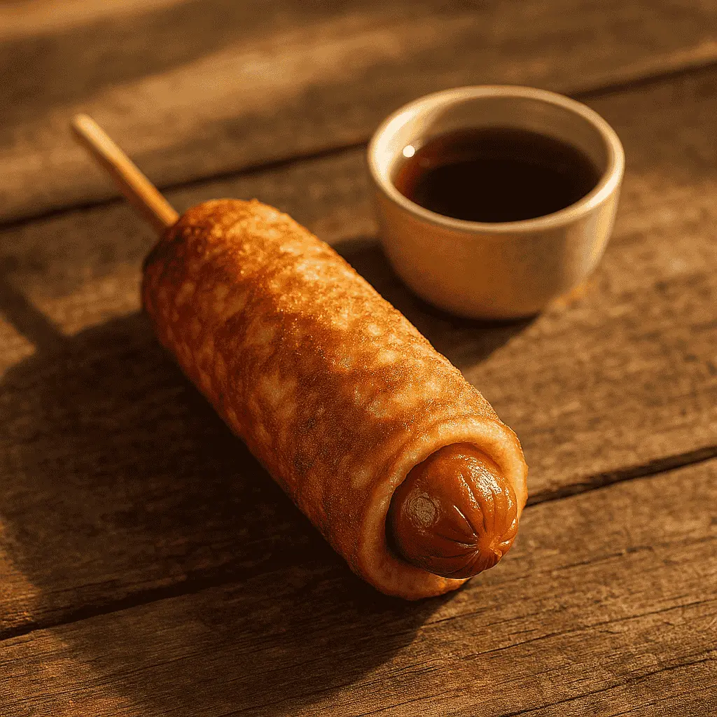 sausage with pancake on a stick breakfast on rustic table