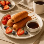 Sausage with Pancake on a Stick: Easy Homemade Breakfast Treat 7 served sausage pancake sticks with syrup and fruit