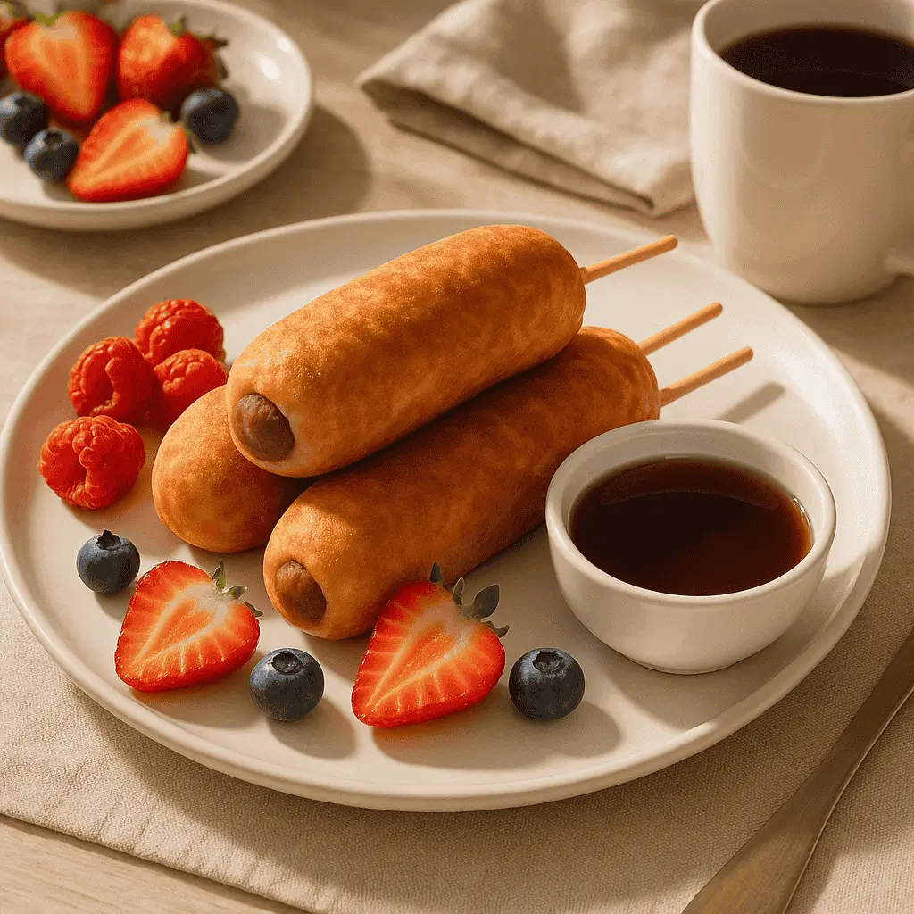 Sausage with Pancake on a Stick: Easy Homemade Breakfast Treat 11 served sausage pancake sticks with syrup and fruit