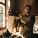 About me 1 Male chef wearing apron holding a wooden spoon in a sunlit rustic kitchen for home cooking
