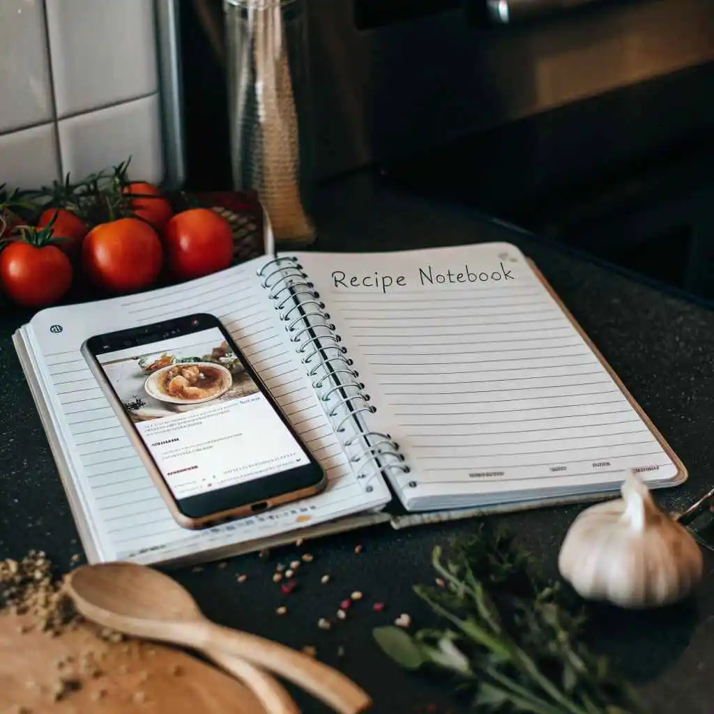 About me 3 Open spiral-bound recipe notebook titled ‘Recipe Notebook’ with a smartphone displaying a soup recipe, surrounded by fresh tomatoes, garlic, herbs, and wooden spoons on a kitchen countertop